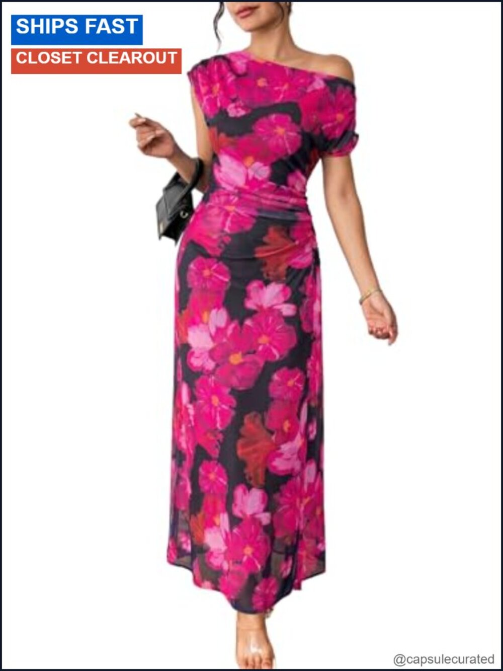 Floral Off Shoulder Maxi Dress Ruched Waist Short Sleeve Party Gown